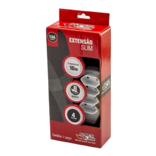 Extensão Bipolar 4 Tomadas 10A 10M Branca Slim - Force Line