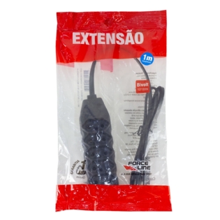 Extensão Tripolar Slim 5 tomadas 10A 1M Preta - Force Line