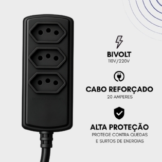 Extensão eletrica 20 amperes 3 metros para ar condicionado secador 3 Tomadas 110v 220v