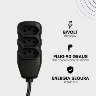 Extensão elétrica 1 metro para ventilador TV 3 Tomadas Tripolar Plug 90º preto 10 Amperes bivolt