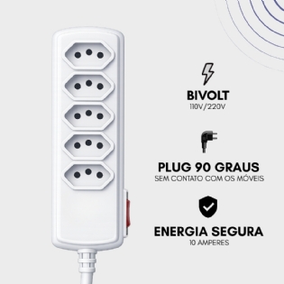 Filtro de Linha extensão régua elétrica 5 Tomadas bivolt plug 90 Graus 10 amperes branco