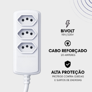 Extensão elétrica régua 3 Tomadas para ar condicionado secador 5 metros 20 Amperes