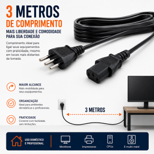 Cabo de força fonte tripolar 3 metros para Computador Cpu Monitor Televisão Force Line