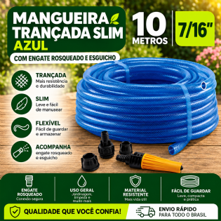 Mangueira Trançada 10M Slim Azul Com Engate E Esguicho  - Force Line