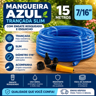 Mangueira Trançada 15M Slim Azul com Engate E Esguicho  - Force Line