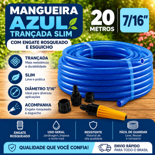 Mangueira Trançada 20M Slim Azul com Engate E Esguicho  - Force Line