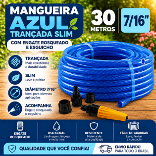 Mangueira Trançada 30M Slim Azul com Engate E Esguicho  - Force Line