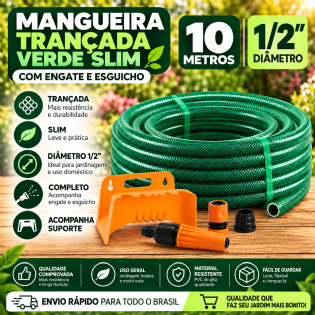 Mangueira Trançada 1/2" Verde 10 metros com acessórios e suporte - Force Line