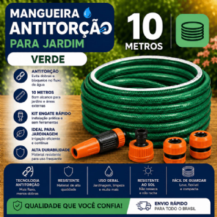 Mangueira 10 Metros Verde Antitorção 1/2 Com Kit engate rápido