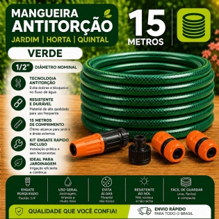 Mangueira 15 Metros Verde Antitorção 1/2 Com Kit engate rápido