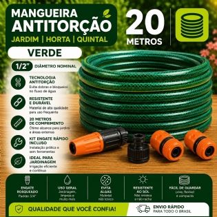 Mangueira 20 Metros Verde Antitorção 1/2 Com Kit engate rápido