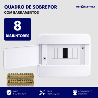 Quadro de distribuição para 8 disjuntores de sobrepor com barramentos